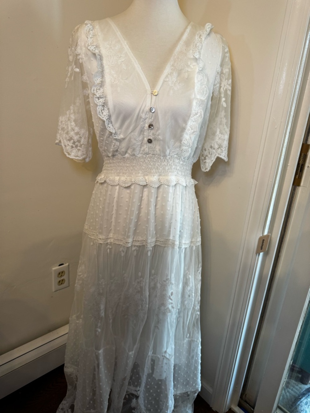 White Lace Maxi Dress with Sheer Polka Dots